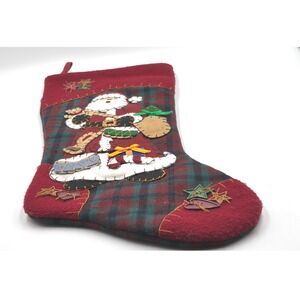 handmade Christmas Stocking Santa Claus Plaid Felt Applique Holiday Decor